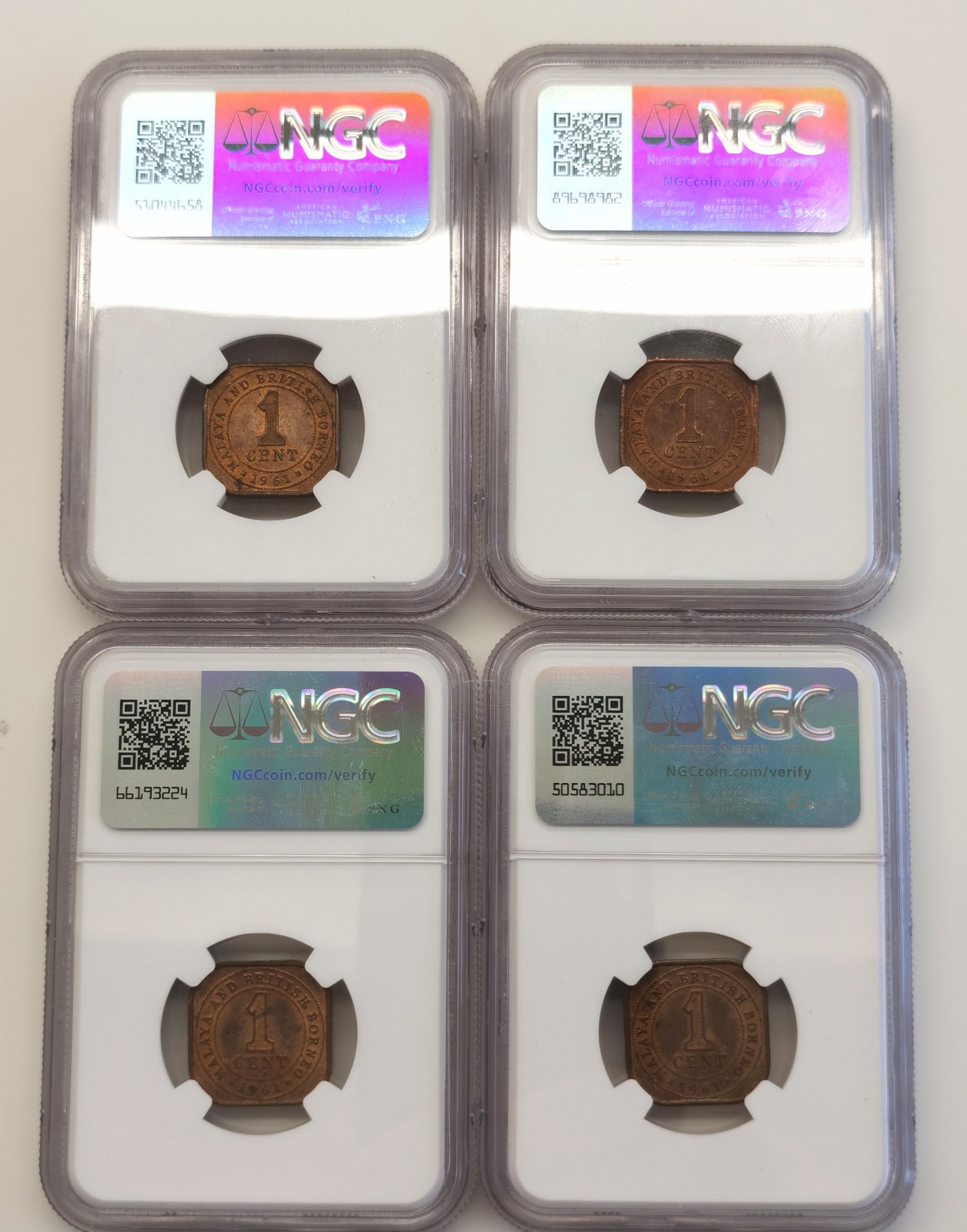 博洋堂世界钱币拍卖第066期（全场包邮） NGC MS62BN/RB 英属马来亚1961年伊丽莎白二世1分4枚一组