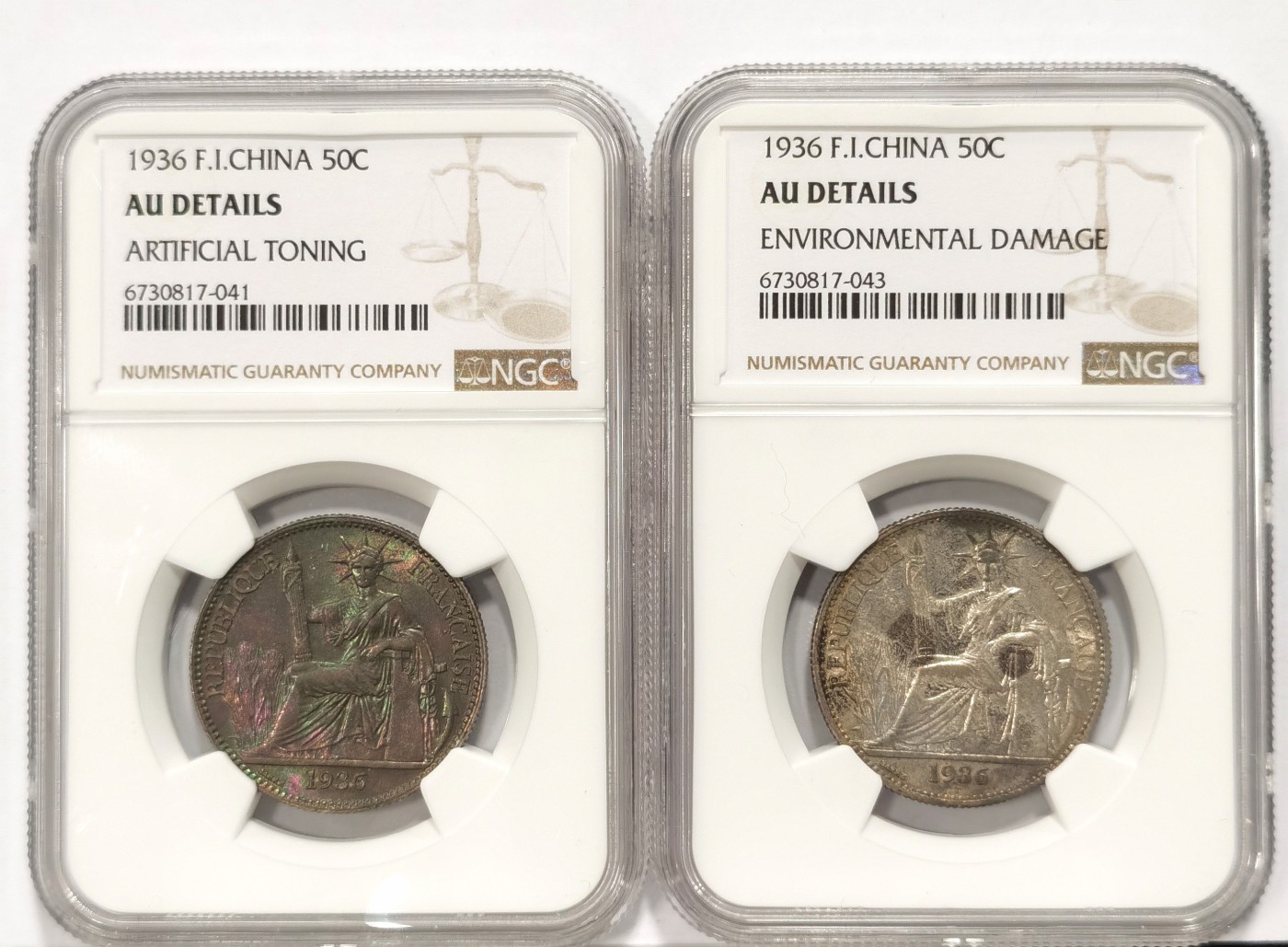 博洋堂世界钱币拍卖第066期（全场包邮） NGC AU 法属印支坐洋1936年50分半圆银币2枚一对，包浆漂亮！