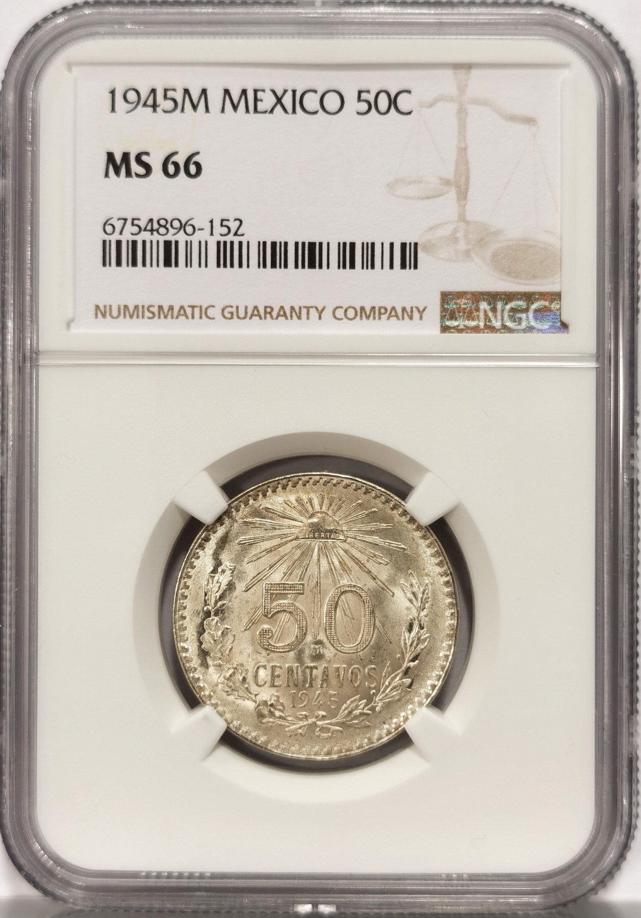 博洋堂世界钱币拍卖第066期（全场包邮） NGC MS66 墨西哥1945年50分鹰洋银币，麦稀奇所见最高分