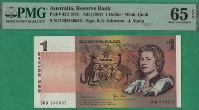 澳大利亚1974年至1983年版(1983年)1元 P-42d 签名如图 33双尾 实物图 UNC - 澳大利亚1974年至1983年版(1983年)1元 P-42d 签名如图 33双尾 实物图 UNC