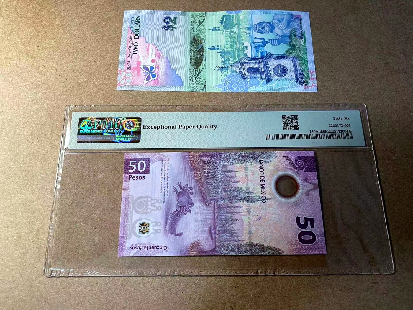 【Blue Auction】✨世界纸币精拍第438期【精】 【一组2张获奖钞无47 AA冠 洋葱冠】墨西哥 2021年50比索 PMG66EPQ&百慕大 2009年2元 蓝鸟 全新UNC