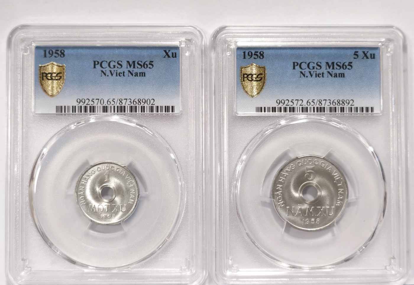 博洋堂世界钱币拍卖第066期（全场包邮） PCGS MS65 越南1958年1XU、5XU铝币2枚一对