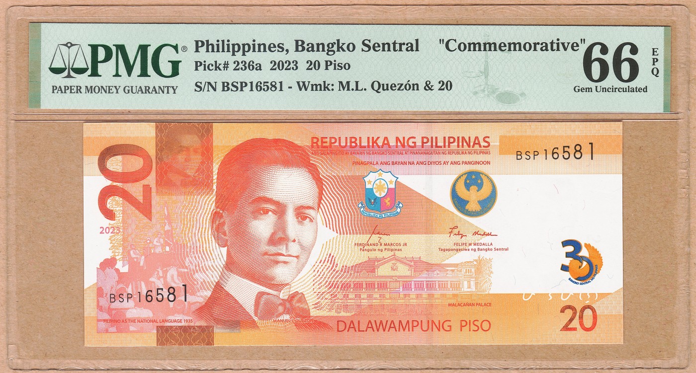 【Blue Auction】✨世界纸币精拍第438期【精】 【无47 BSP冠】菲律宾 2023年20比索 银行成立30周年员工纪念钞 未公开发行  PMG66EPQ 尺寸足