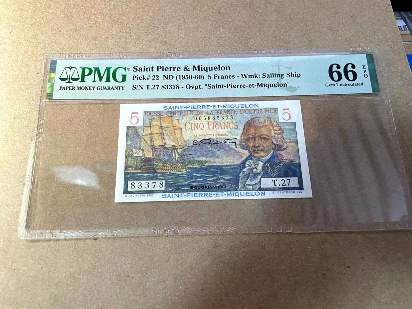 【Blue Auction】✨世界纸币精拍第438期【精】 圣皮埃尔和密克隆 1950-60年5法郎 PMG66EPQ 
