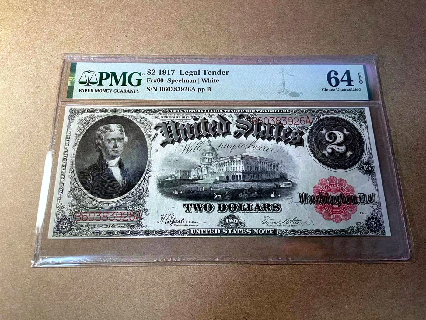 【Blue Auction】✨世界纸币精拍第438期【精】 【无47】美国 1917年2美金 PMG64EPQ  大票幅 杰弗逊 精美  升值品种 