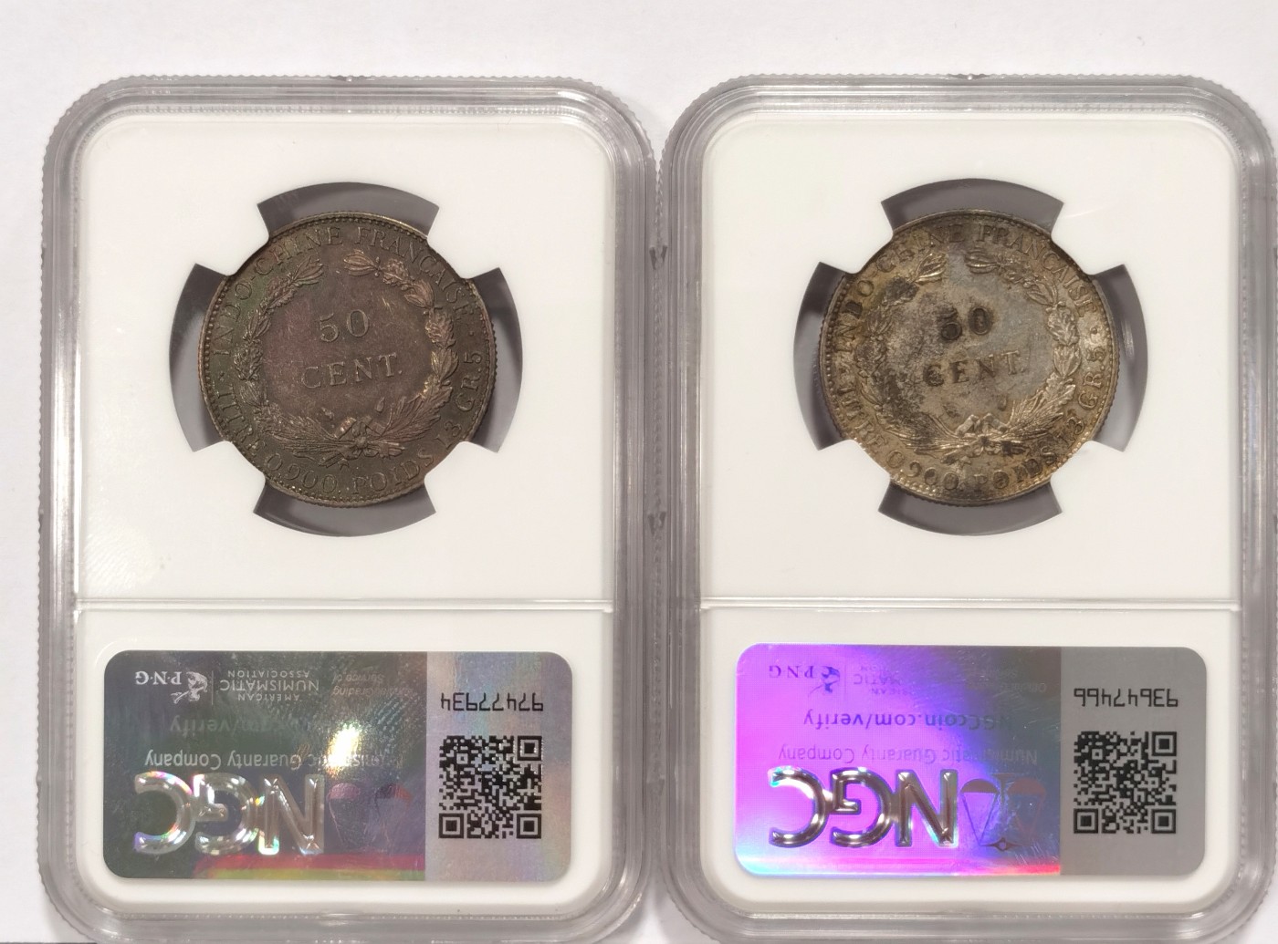 博洋堂世界钱币拍卖第066期（全场包邮） NGC AU 法属印支坐洋1936年50分半圆银币2枚一对，包浆漂亮！