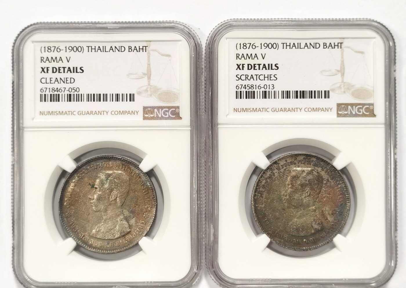 博洋堂世界钱币拍卖第066期（全场包邮） NGC XF 泰国1876-1900年拉玛五世1铢银币2枚一对，均带五彩包浆