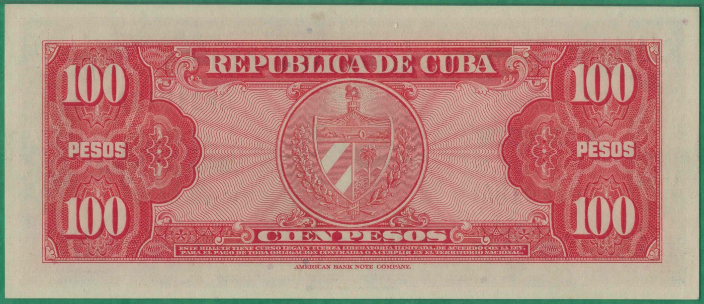 古巴1959年100比索 无457 P-93a 美钞代印 美洲纸币 实物图 UNC