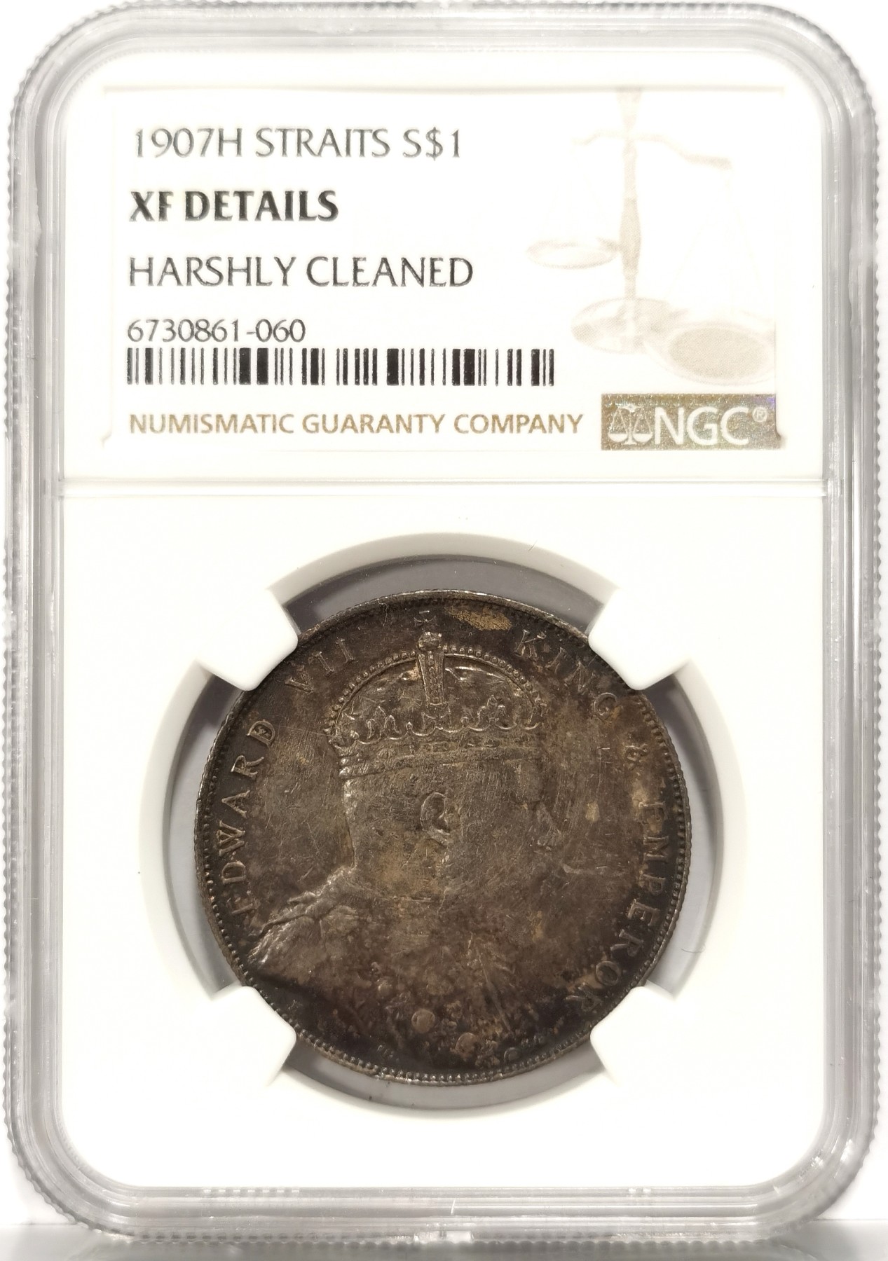 博洋堂世界钱币拍卖第066期（全场包邮） NGC XF 海峡殖民地1907年爱德华七世壹圆银币，包浆厚重