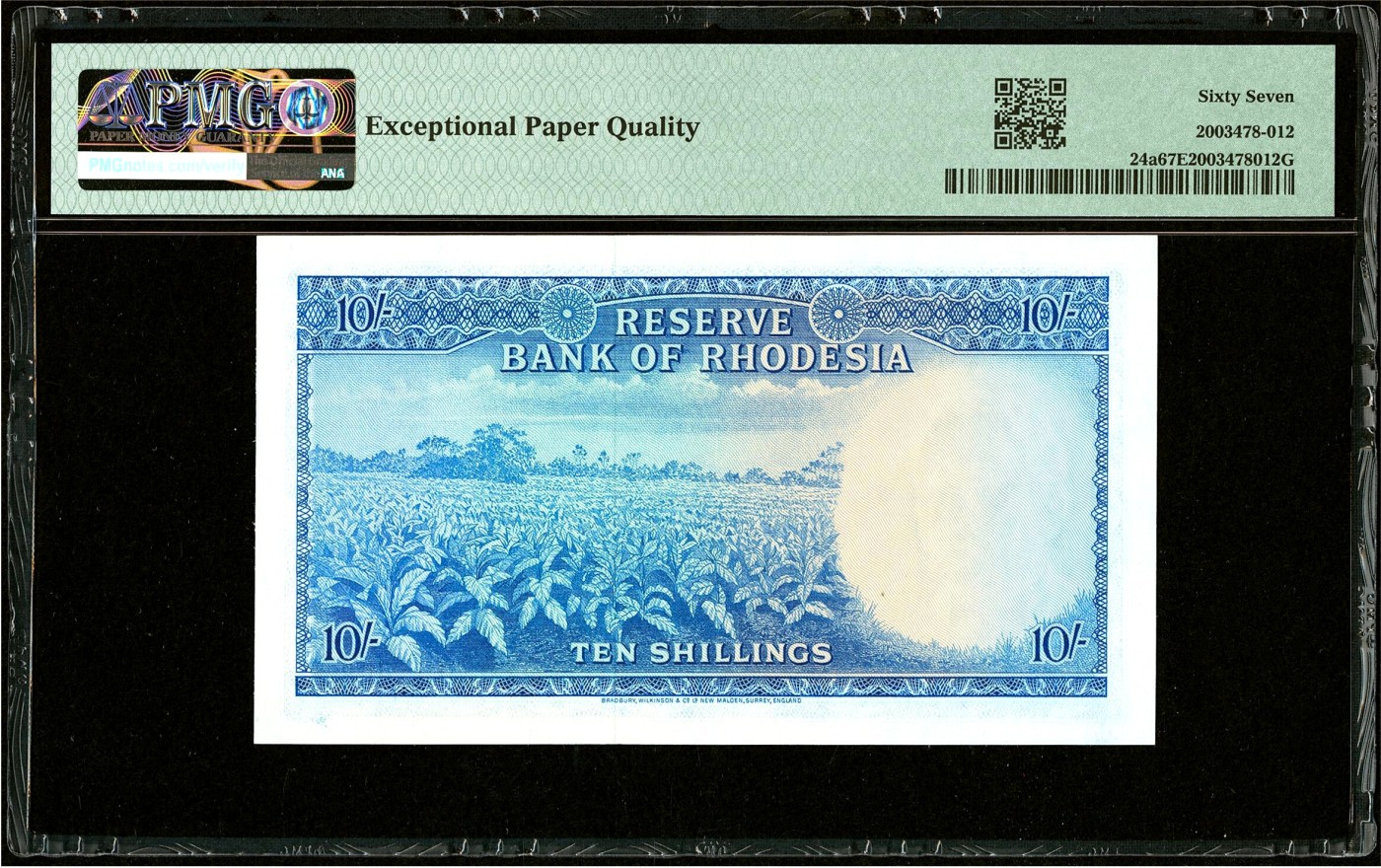 【Blue Auction】✨世界纸币精拍第438期【精】   【初版冠军分 无47】罗德西亚 1964年10先令 BWC出品 雕刻精美 戎装女王 PMG67EPQ 高分 背面重要经济作物烟叶 