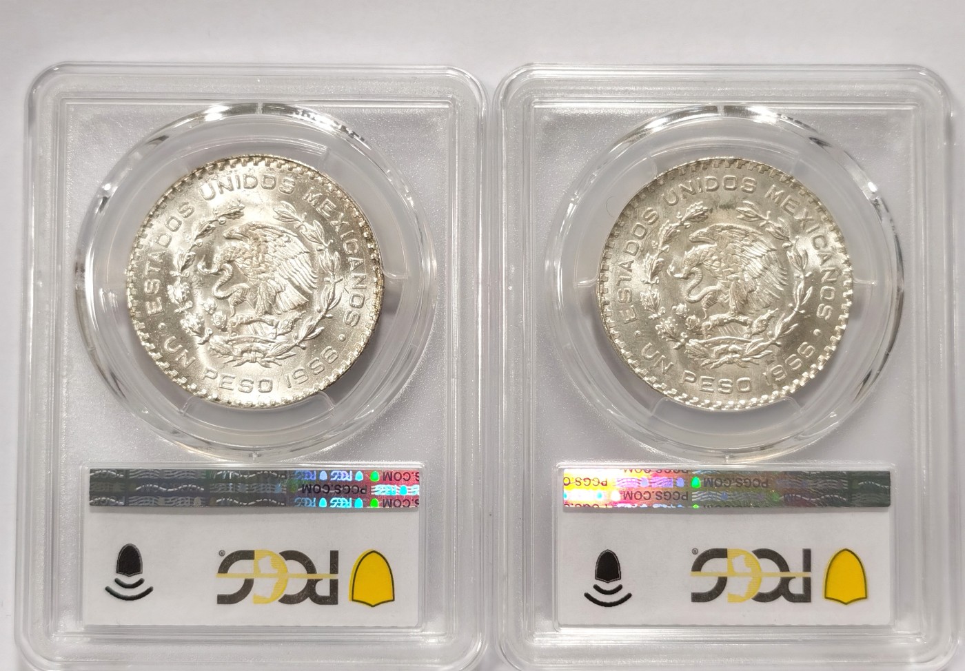 博洋堂世界钱币拍卖第066期（全场包邮） PCGS MS65 墨西哥1966年1比索鹰洋银币2枚一对