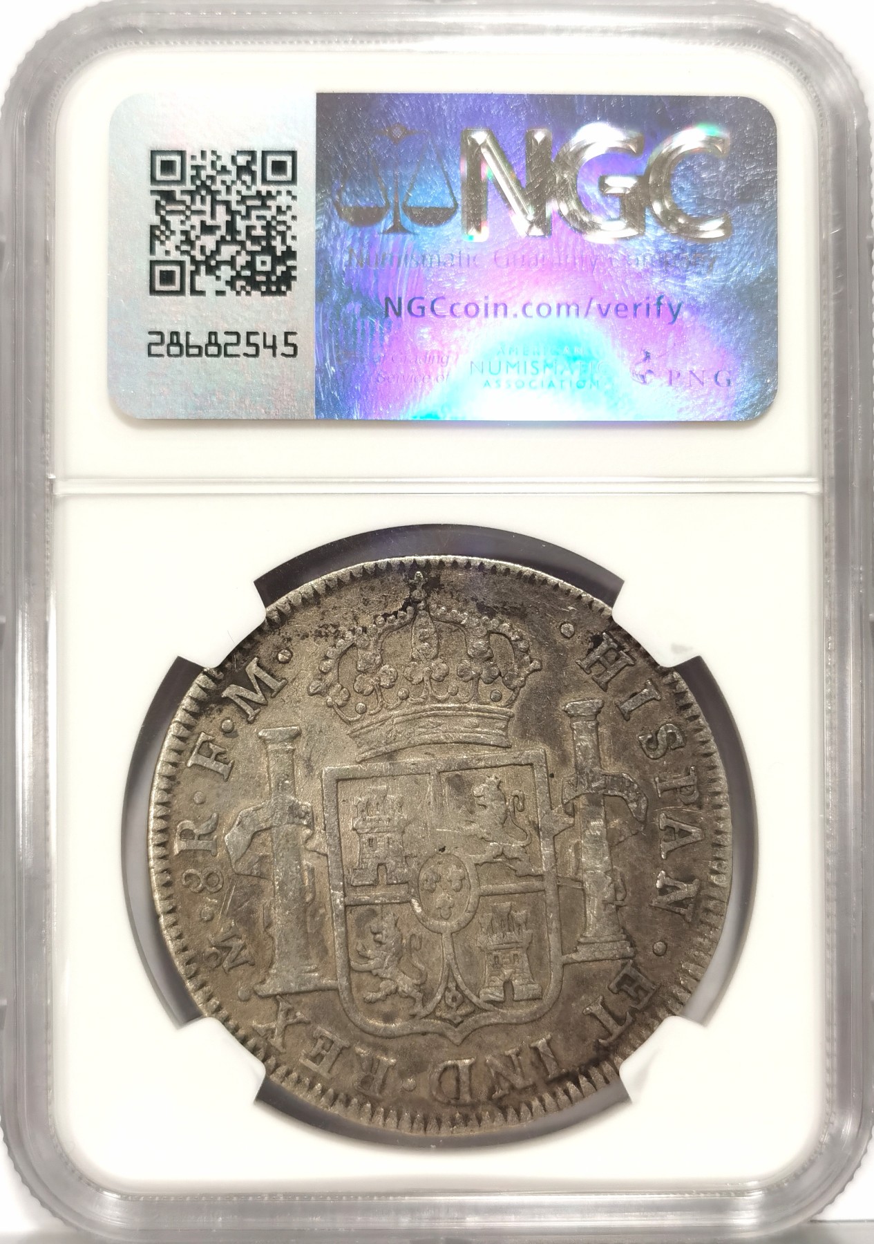 博洋堂世界钱币拍卖第066期（全场包邮） NGC VF 西属墨西哥1797年MO FM卡洛斯四世双柱银币，原味包浆，可惜正面有刻划