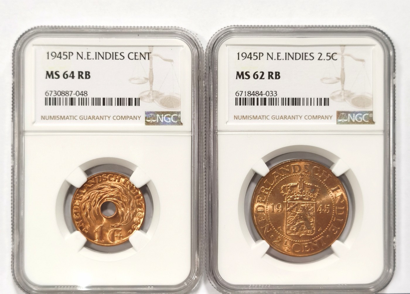 博洋堂世界钱币拍卖第066期（全场包邮） NGC MS64/62RB 荷属东印度1945年1分、2.5分铜币2枚一对