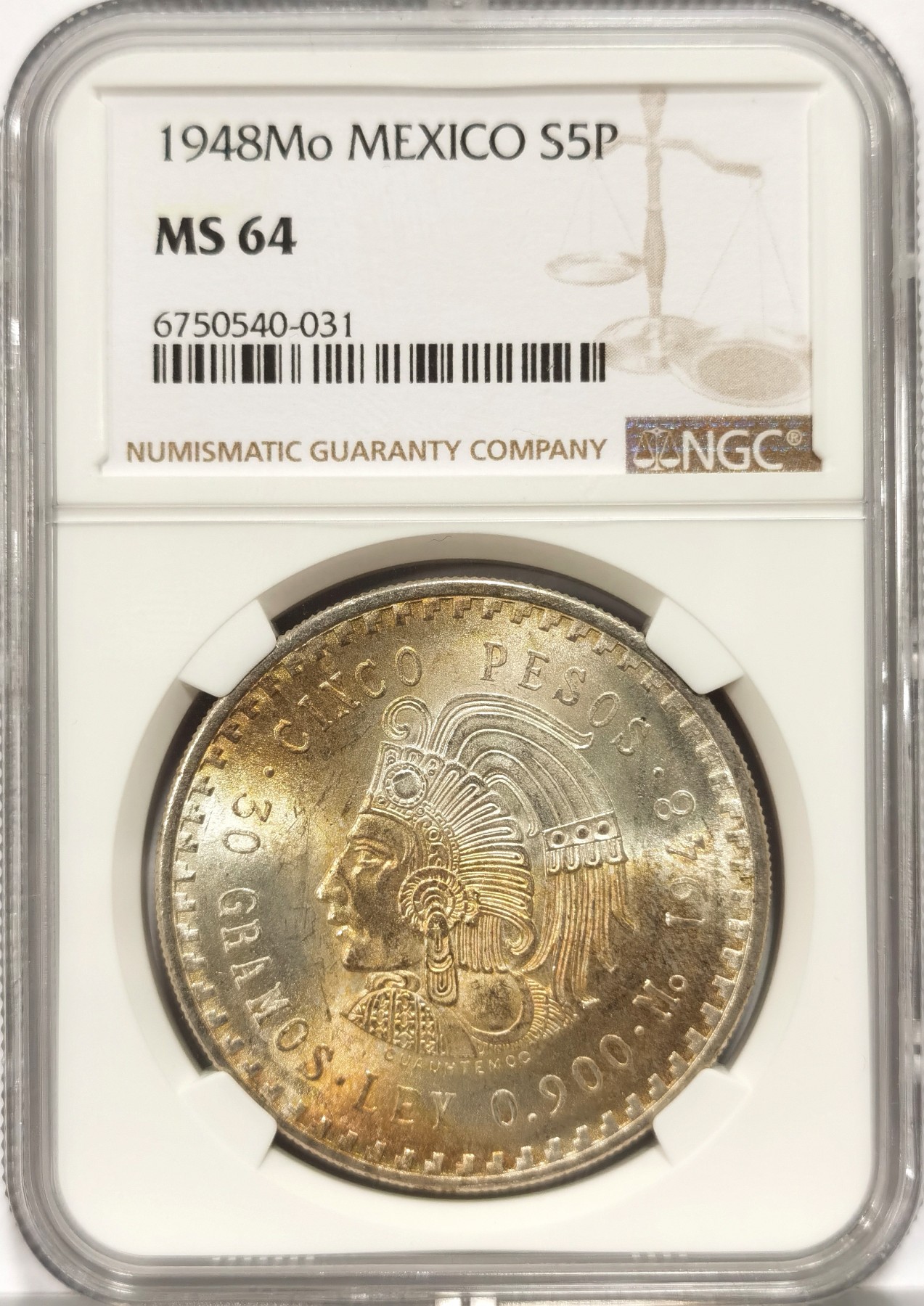 博洋堂世界钱币拍卖第066期（全场包邮） NGC MS64 墨西哥1948年玛雅人5比索大银币，五彩包浆