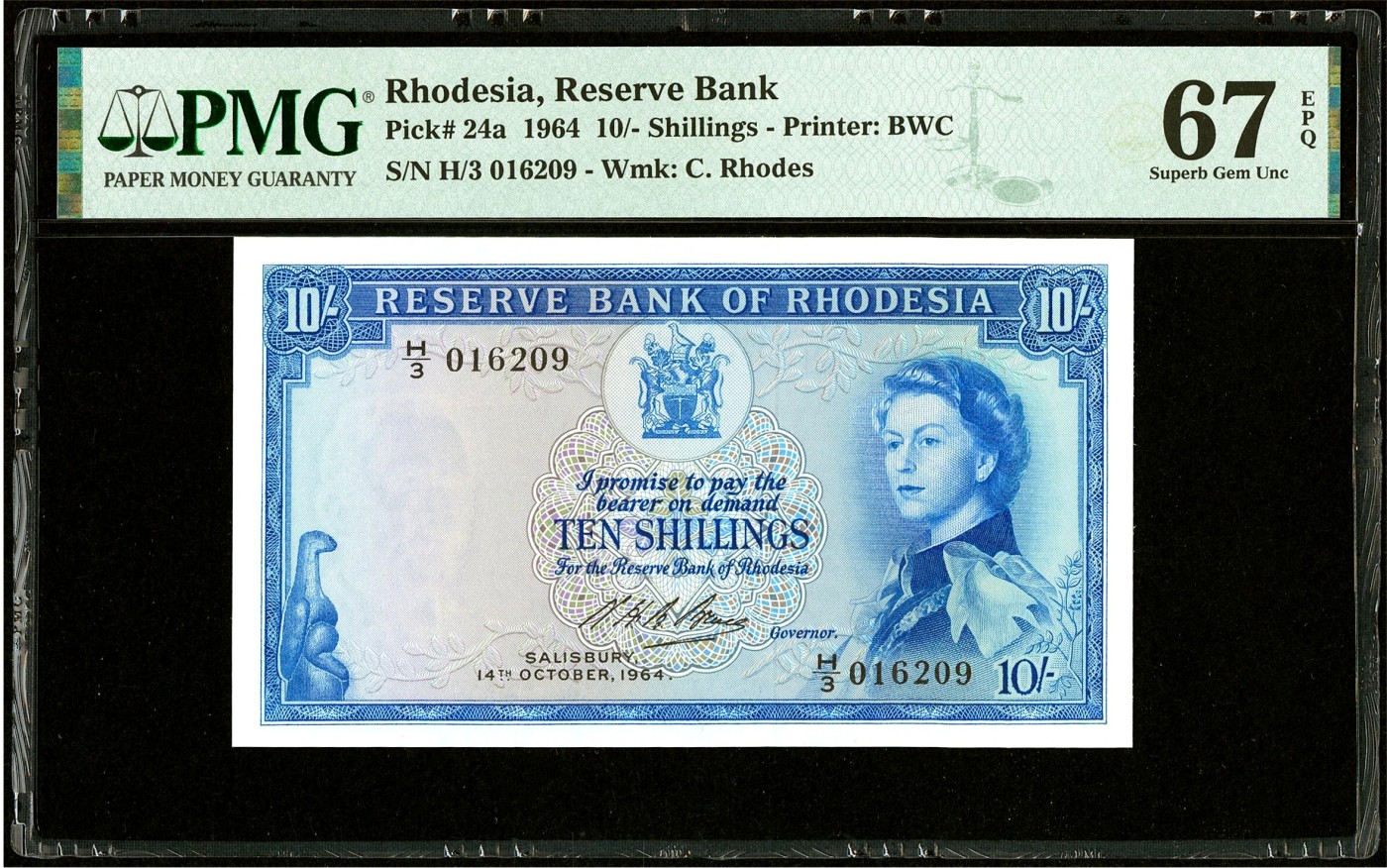 【Blue Auction】✨世界纸币精拍第438期【精】   【初版冠军分 无47】罗德西亚 1964年10先令 BWC出品 雕刻精美 戎装女王 PMG67EPQ 高分 背面重要经济作物烟叶 