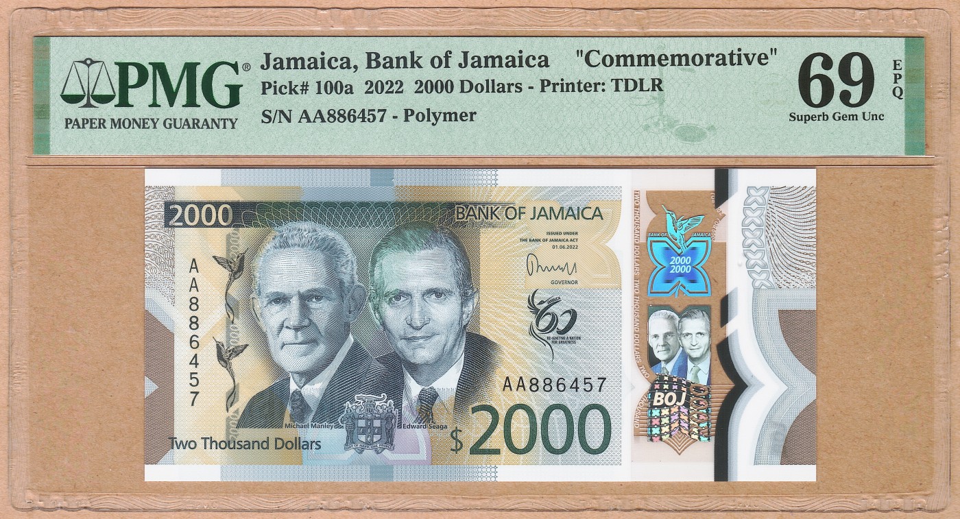 【Blue Auction】✨世界纸币精拍第438期【精】  【冠军分 AA首发冠】牙买加建国60周年纪念钞2000元 PMG69EPQ 