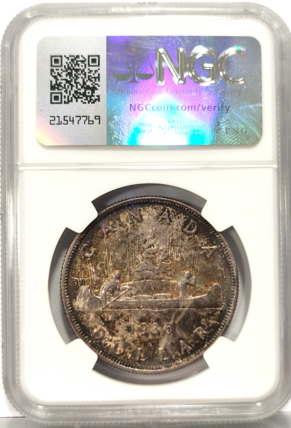 博洋堂世界钱币拍卖第066期（全场包邮） NGC AU58 英属加拿大1936年乔治五世1元划船大银币，难得重彩包浆