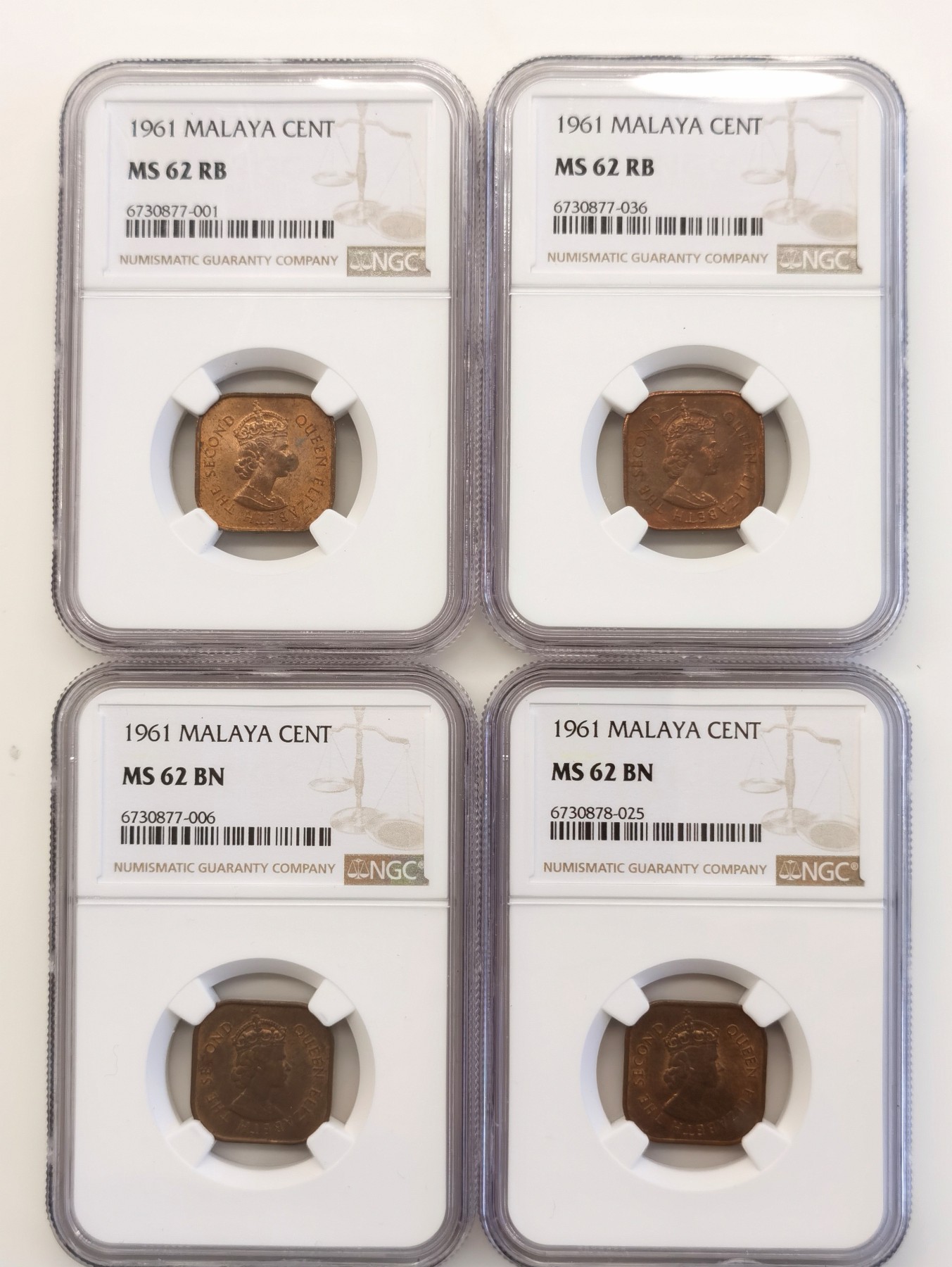 博洋堂世界钱币拍卖第066期（全场包邮） NGC MS62BN/RB 英属马来亚1961年伊丽莎白二世1分4枚一组