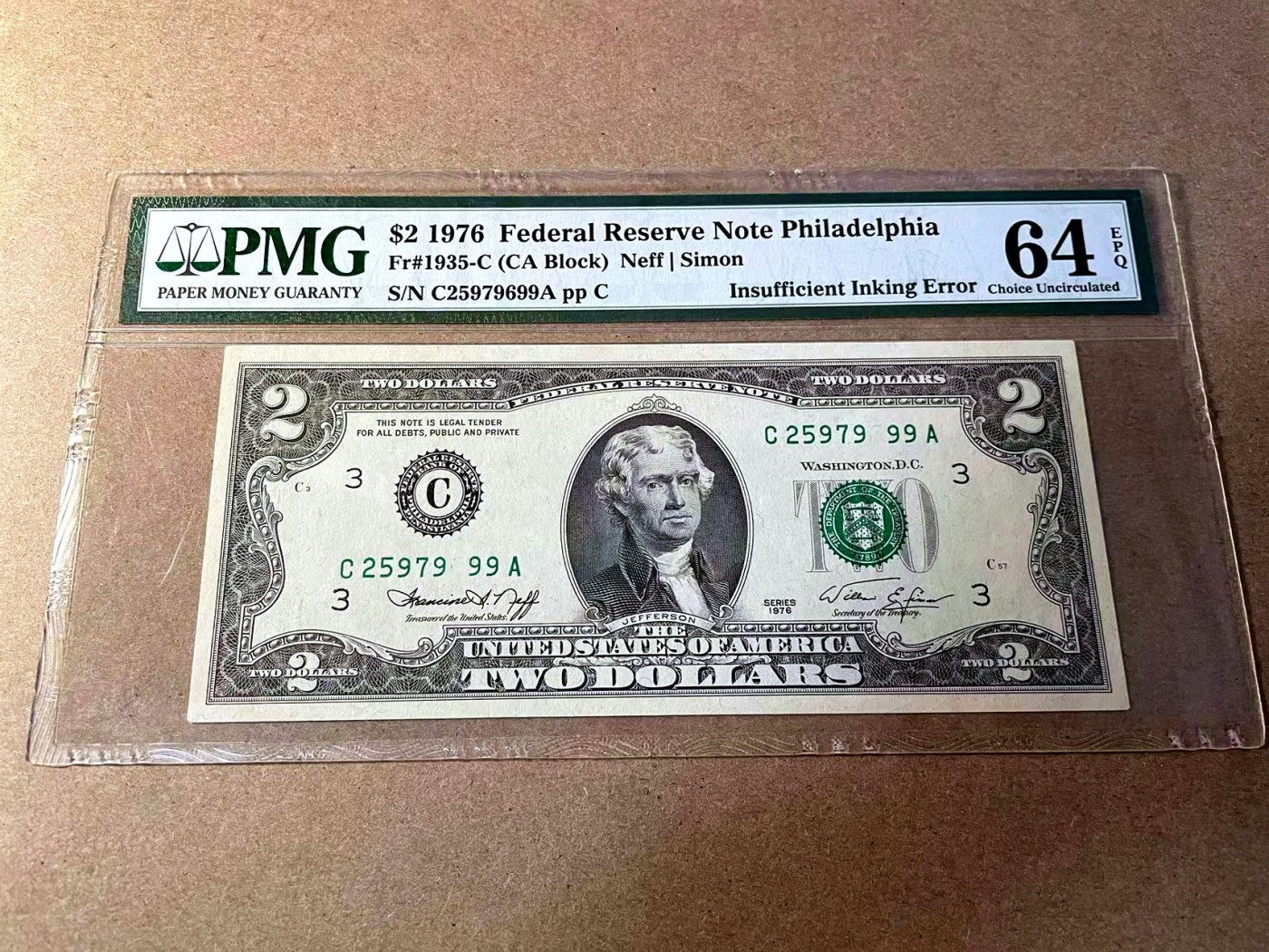 【Blue Auction】✨世界纸币精拍第438期【精】 【错钞 漏印】美国 1976年2美金 PMG64EPQ 