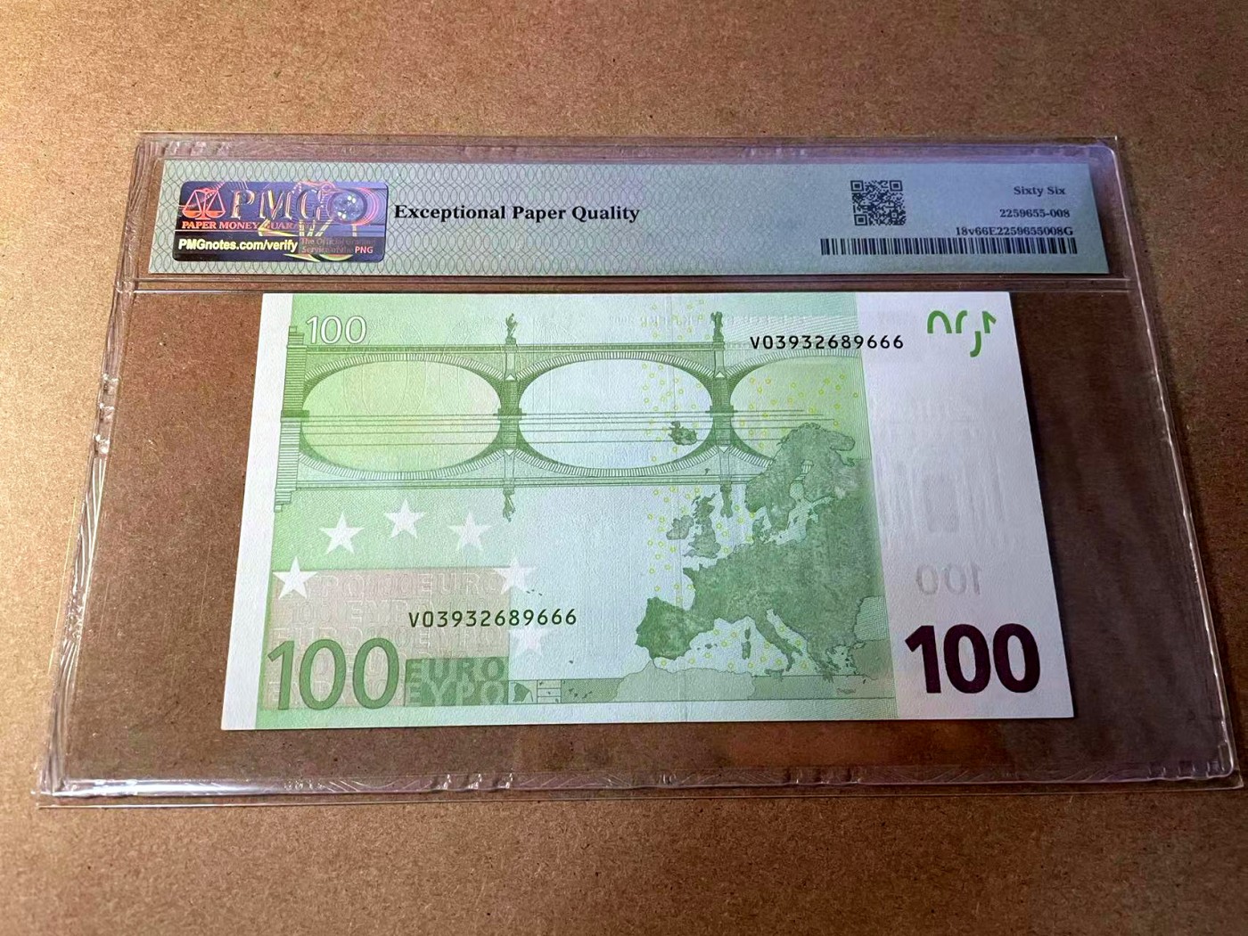 【Blue Auction】✨世界纸币精拍第438期【精】 【666豹子号无47】欧元 2002年100欧元 PMG66EPQ 西班牙版