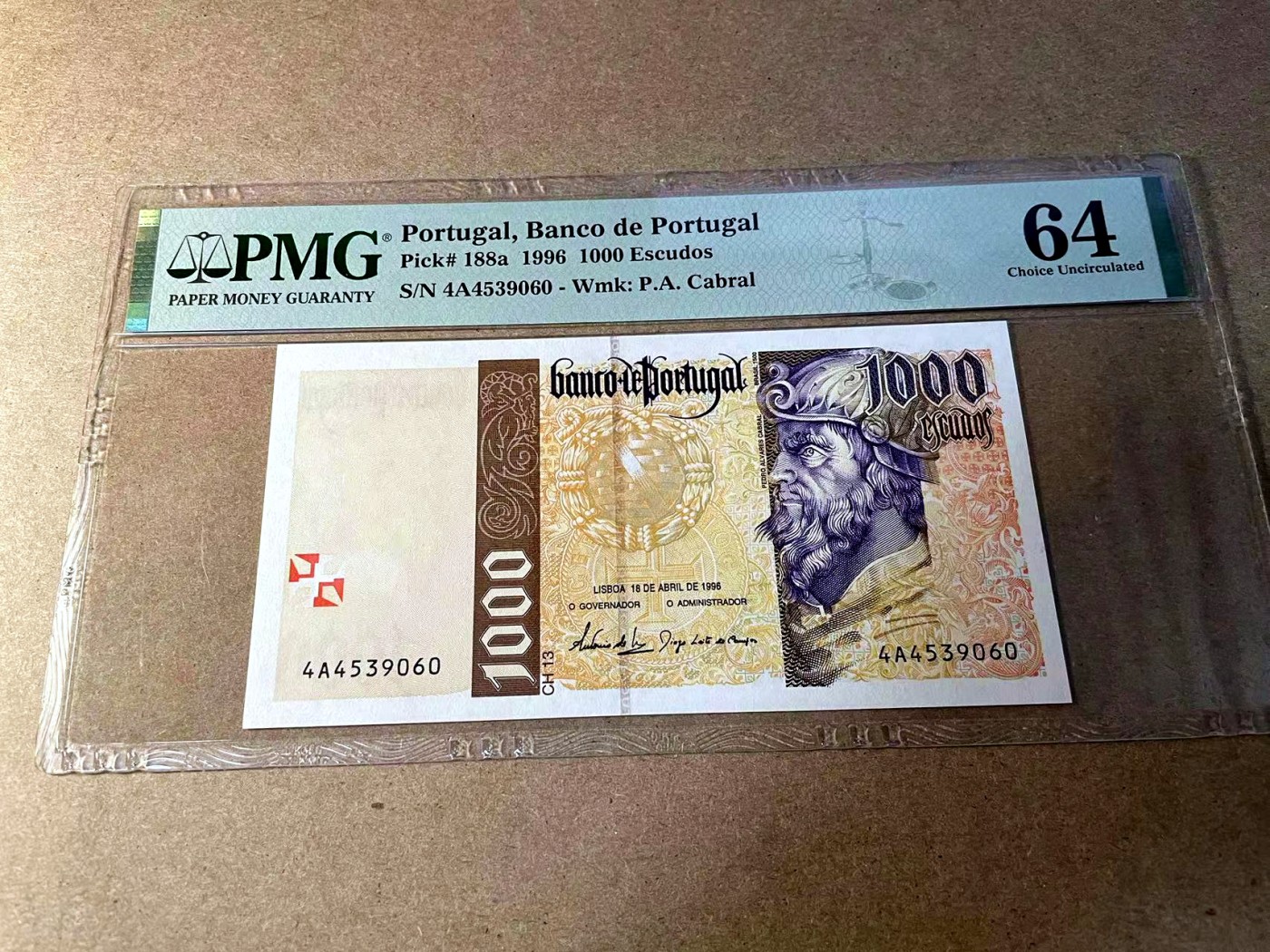 【Blue Auction】✨世界纸币精拍第438期【精】 【a版】葡萄牙 1996年1000埃斯库多 PMG64 