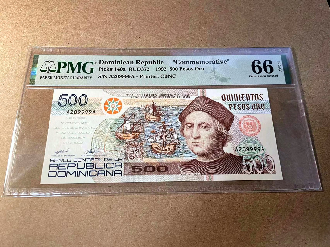 【Blue Auction】✨世界纸币精拍第438期【精】 【AA冠9999狮子号无47】多米尼加 1992年500比索 哥伦布 PMG66EPQ 纪念钞