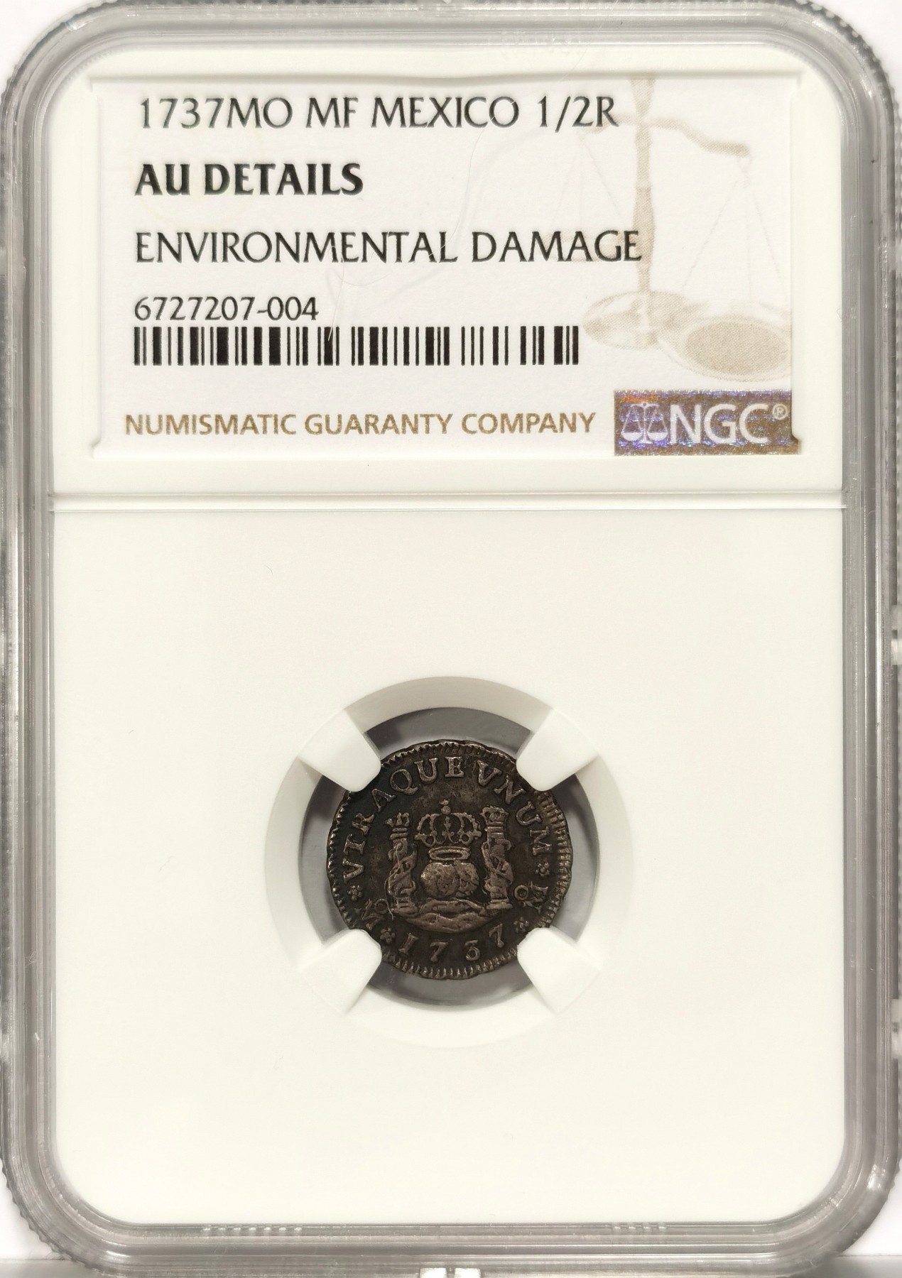 博洋堂世界钱币拍卖第066期（全场包邮） NGC AU 西属墨西哥1737年MO MF地球双柱1/2R，全深打全马齿，原味包浆