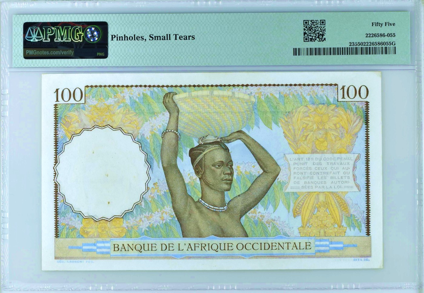 【Blue Auction】✨世界纸币精拍第438期【精】   【冠军分仅2张 少见高分】法属西非 1941年100法郎 PMG55  风土人情