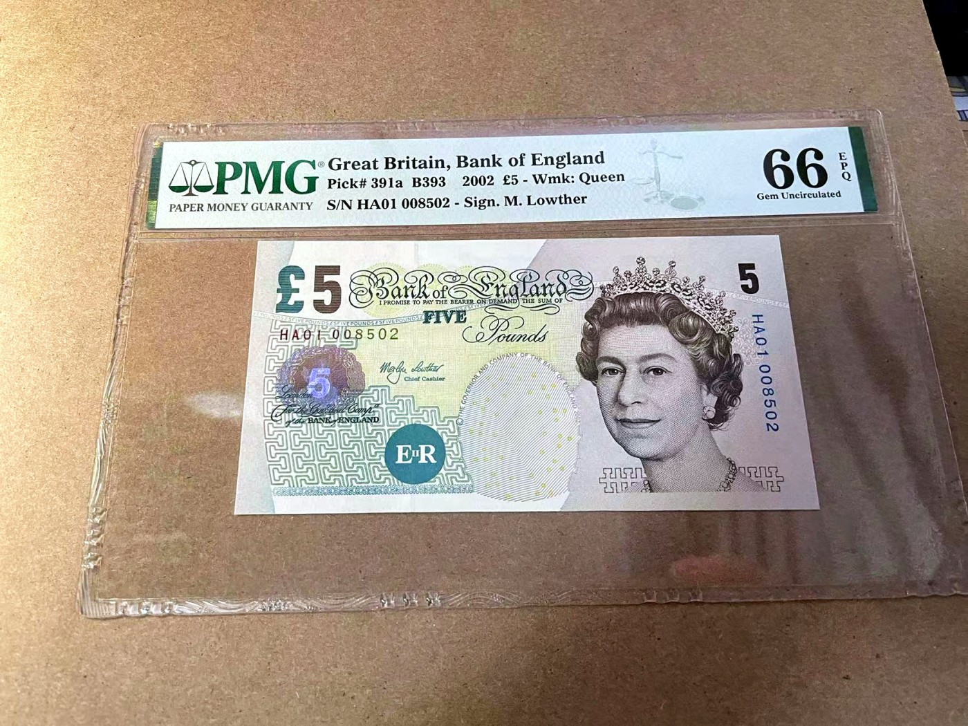 【Blue Auction】✨世界纸币精拍第438期【精】 【HA01冠无47】英国 2002年5镑 PMG66EPQ 