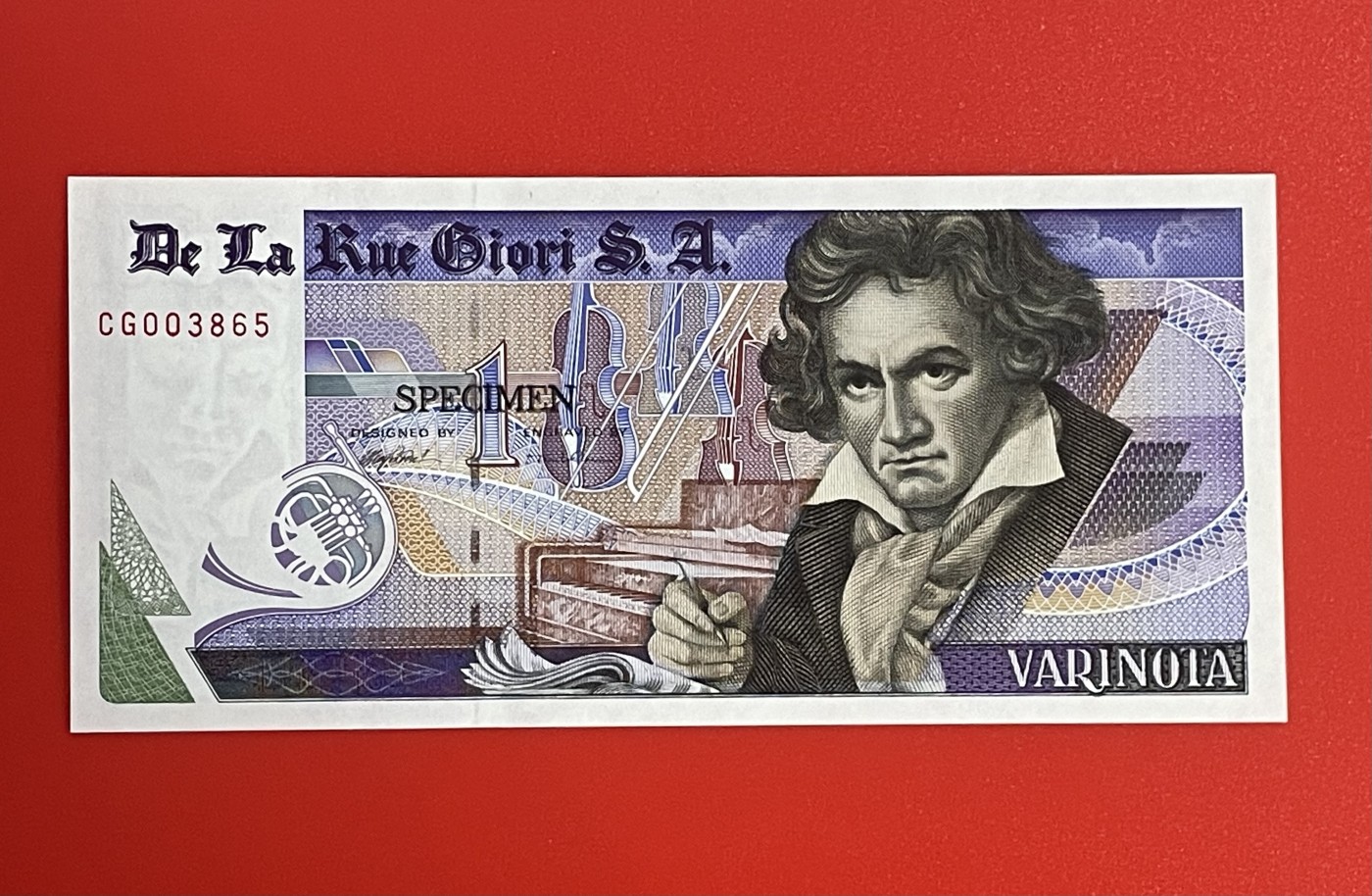 世界各国纸币、朝鲜钞、测试钞、连体钞、豹子号、靓号专场 【第3期】 英国德纳罗印钞公司1元测试钞 音乐家贝多芬 精美 雕刻版 全新UNC