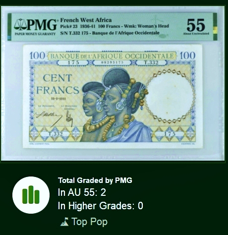 【Blue Auction】✨世界纸币精拍第438期【精】   【冠军分仅2张 少见高分】法属西非 1941年100法郎 PMG55  风土人情