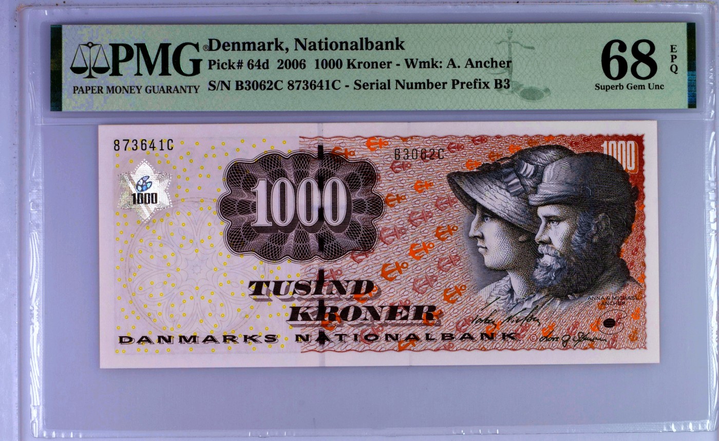 【Blue Auction】✨世界纸币精拍第438期【精】 丹麦 2006年1000克朗 浮雕版 PMG68EPQ 超高分