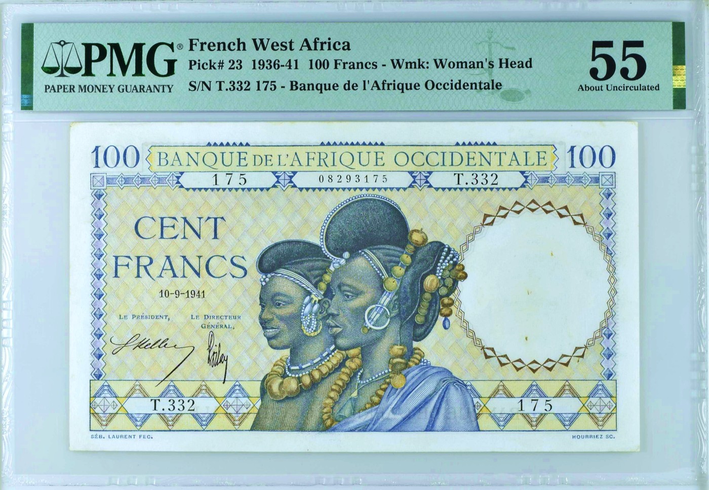 【Blue Auction】✨世界纸币精拍第438期【精】   【冠军分仅2张 少见高分】法属西非 1941年100法郎 PMG55  风土人情