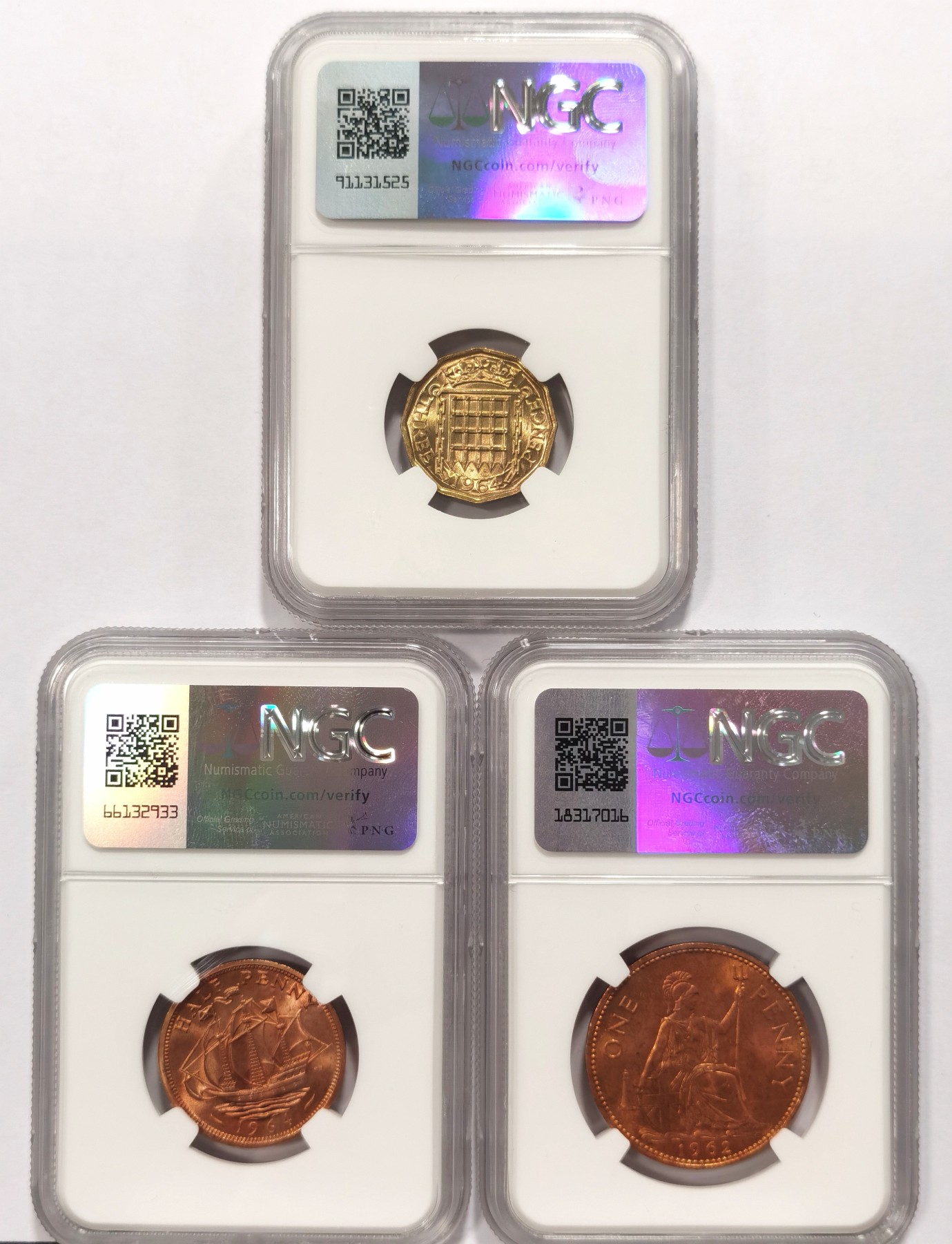 博洋堂世界钱币拍卖第066期（全场包邮） NGC MS64 英国1964年伊丽莎白二世1/2便士、1便士、3便士铜币3枚一组