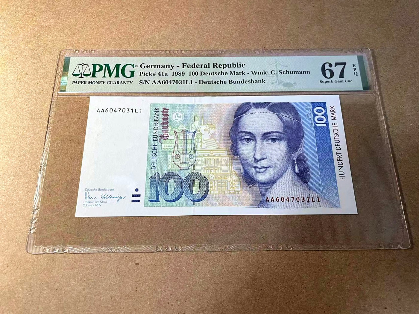 【Blue Auction】✨世界纸币精拍第438期【精】 【初版AA冠】德国 1989年100马克 克拉拉 PMG67EPQ 高分