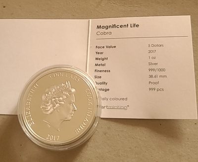 【币将精彩】世界钱币拍卖拍卖（2026-4-22） 库克2017年自然光彩之眼镜蛇弧面异彩银币带证书包装