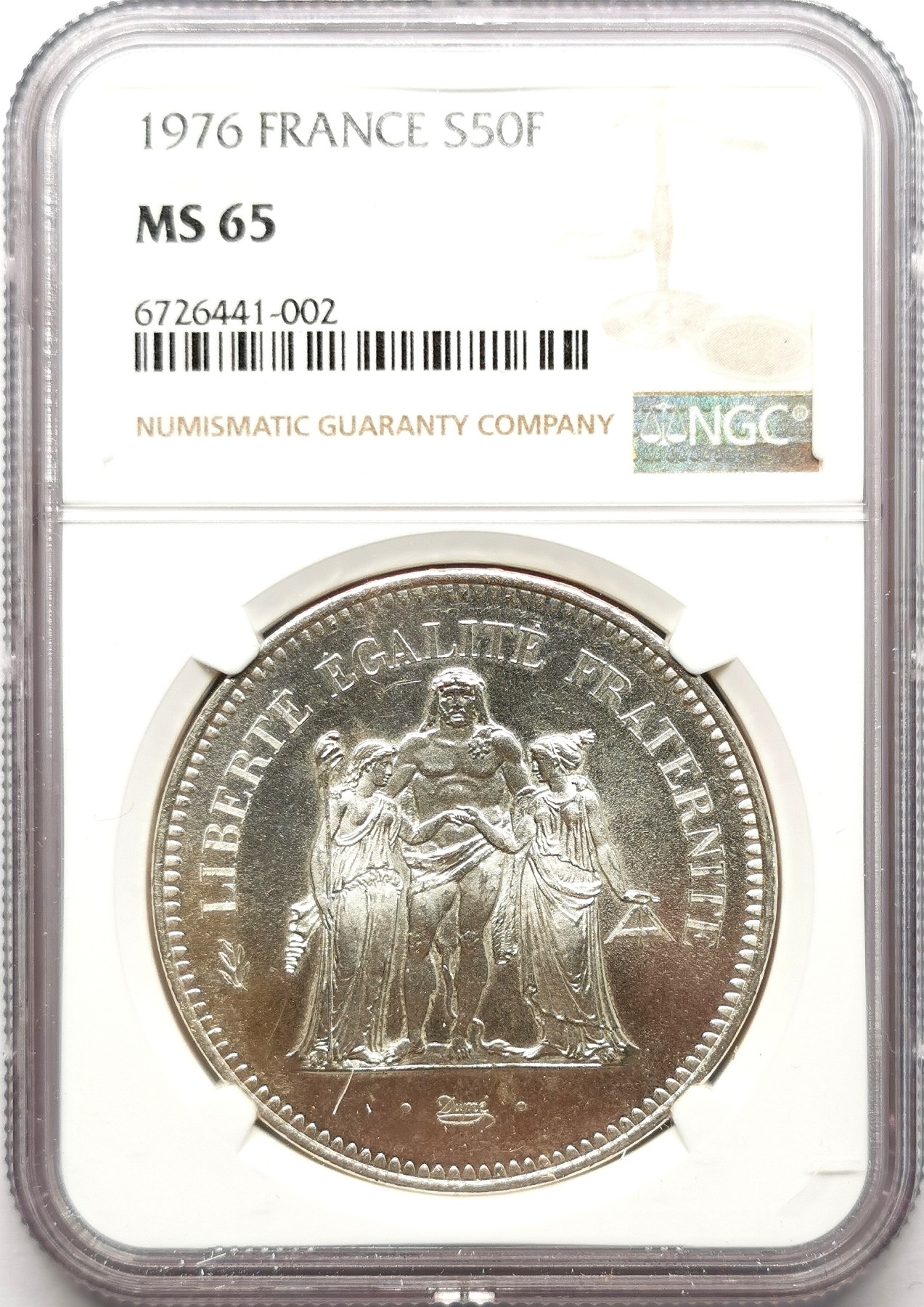 凡希社世界钱币微拍第二百六十一期（龙年开运场） 1976法国大力神50法郎大银NGC-MS65