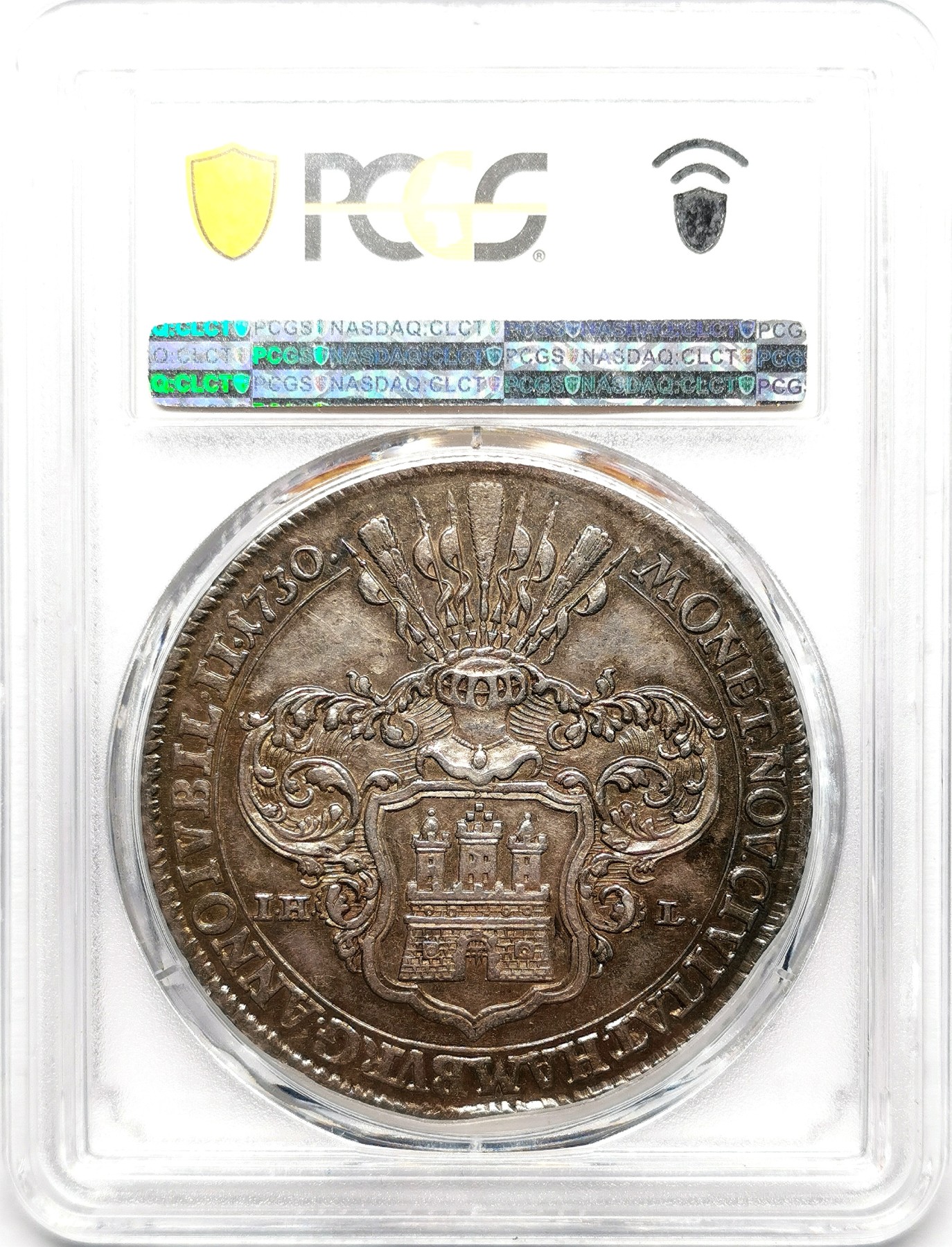 凡希社世界钱币微拍第二百六十一期（龙年开运场） 荐！1730汉萨同盟汉堡自由市奥格斯堡忏悔纪念泰勒大银PCGS-MS62 双面彩虹包浆！P封面币。