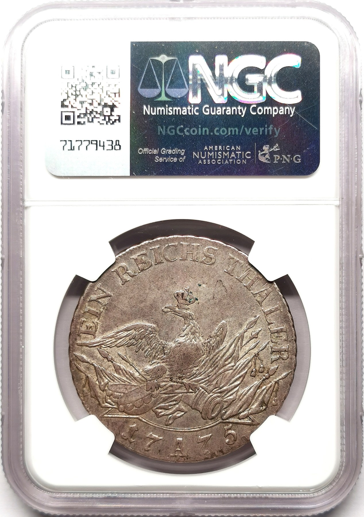 凡希社世界钱币微拍第二百六十一期（龙年开运场） 1775A普鲁士弗里德里希大王大炮泰勒大银NGC-AU55 铁灰彩养眼！