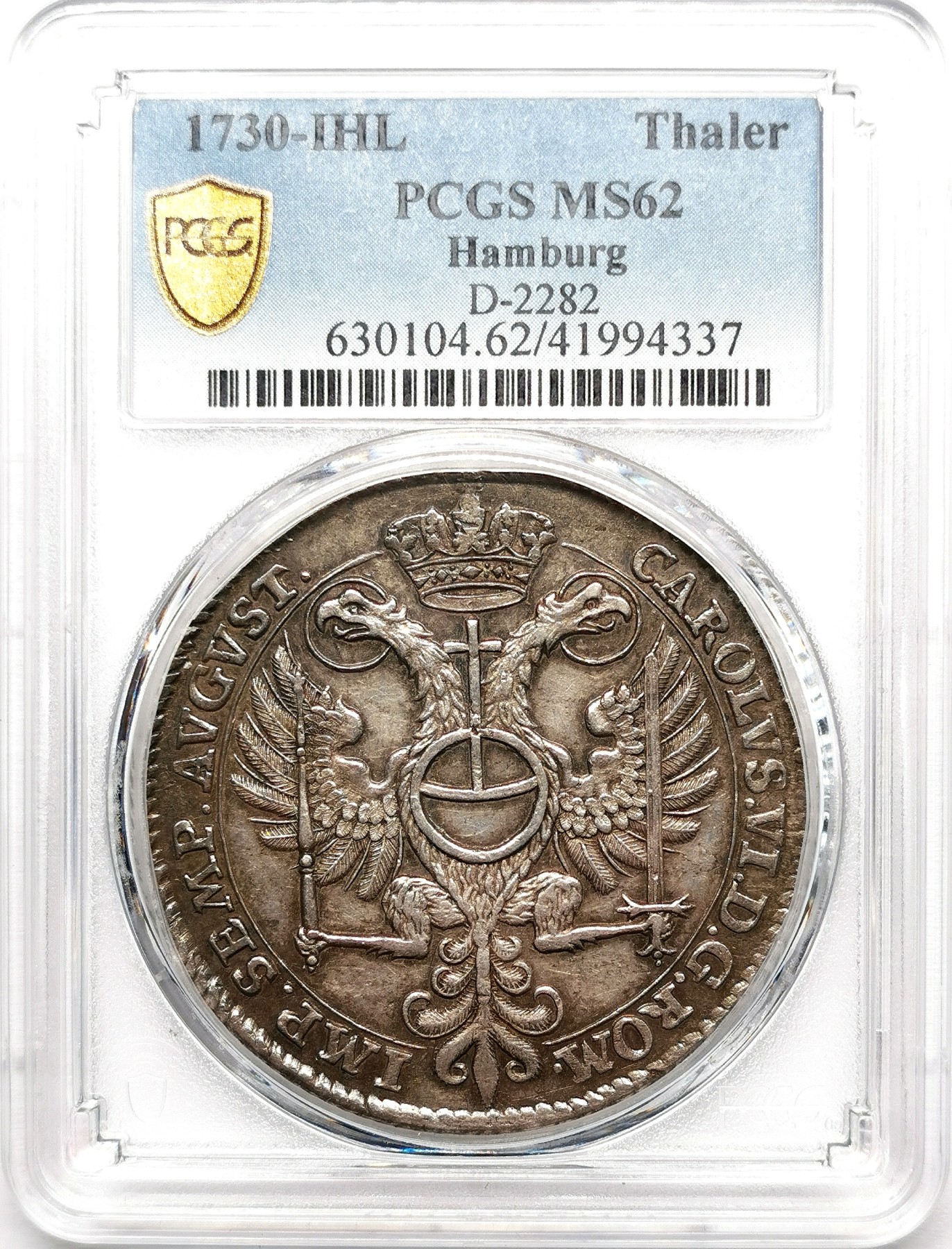 凡希社世界钱币微拍第二百六十一期（龙年开运场） 荐！1730汉萨同盟汉堡自由市奥格斯堡忏悔纪念泰勒大银PCGS-MS62 双面彩虹包浆！P封面币。