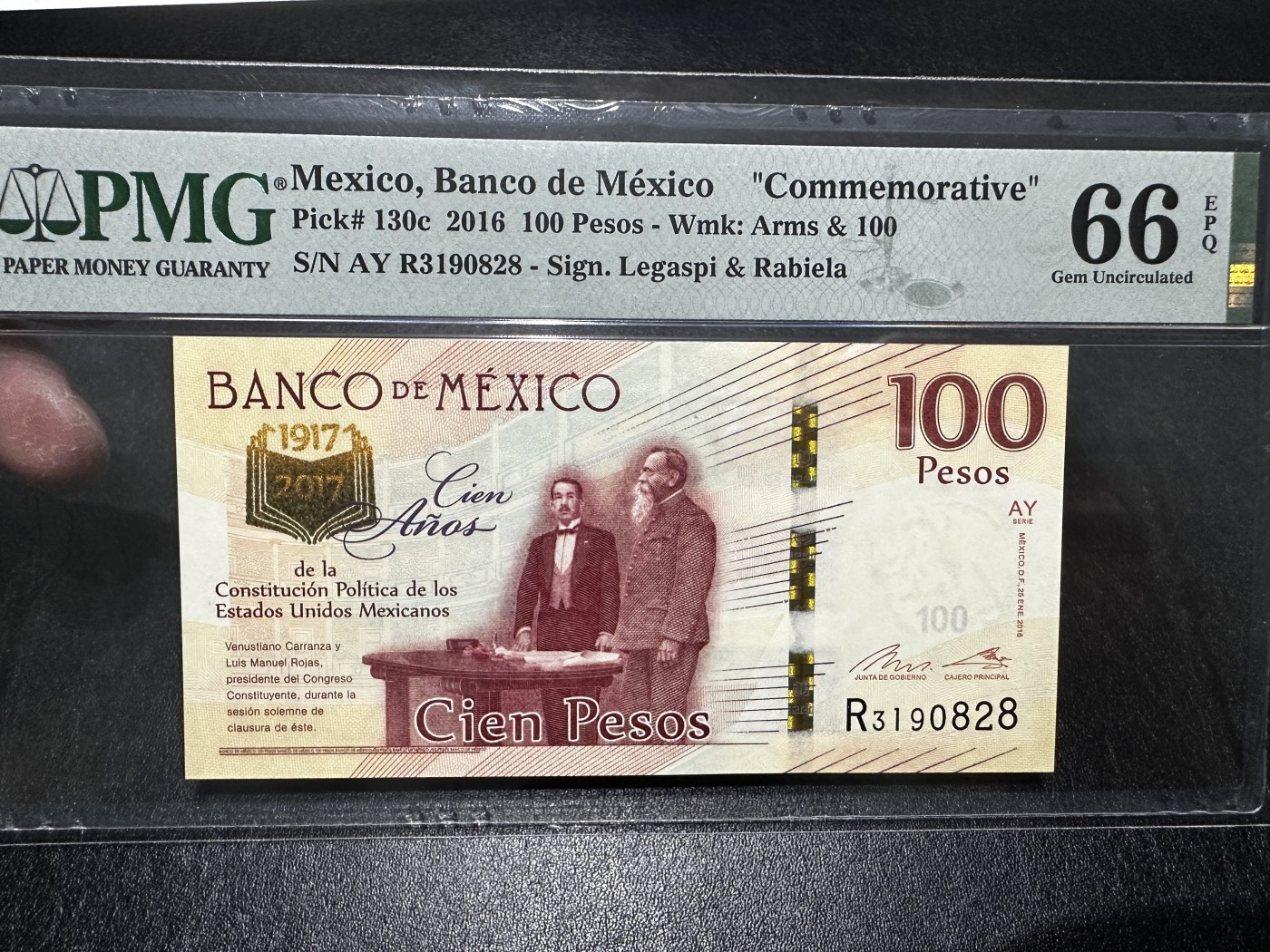 《外钞收藏家》第三百四十三期（评级场） 2016年墨西哥100比索 无47尾8 PMG66 纪念钞