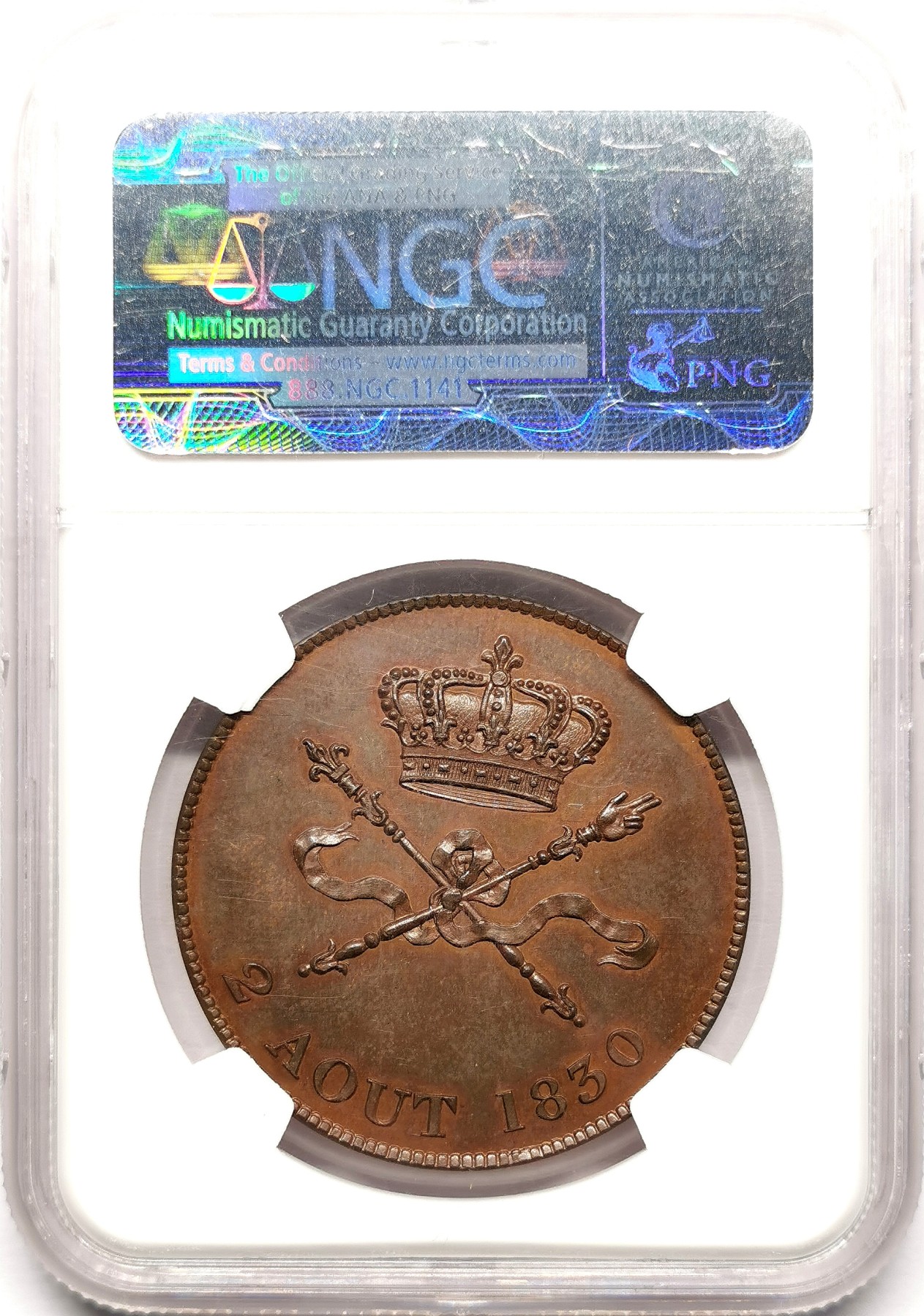 凡希社世界钱币微拍第二百六十一期（龙年开运场） 荐！1830法国僭主亨利五世5法郎铜样币NGC-MS63 原味巧克力色包浆！