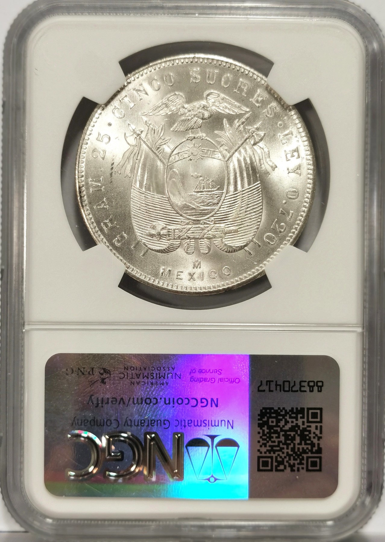 博洋堂世界钱币拍卖第066期（全场包邮） 1944年厄瓜多尔5苏克雷银币NGC-MS63，墨西哥铸造。原封卷拆，打制精美，银光闪闪，极美车轮强转光，状态极佳。新盒严评，品质和状态绝对不输MS64