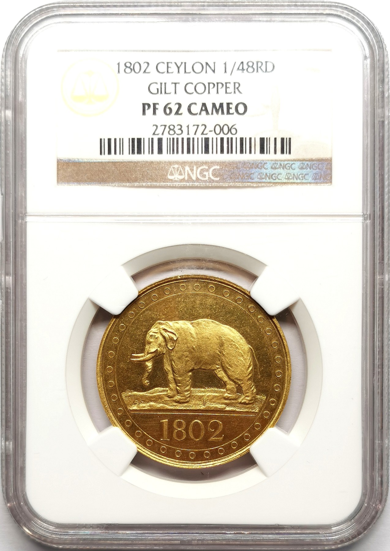 凡希社世界钱币微拍第二百六十一期（龙年开运场） 稀！1802英属锡兰大象精铸镀金铜币三枚套NGC-PF64/64/62CAMEO SOHO为该殖民地铸造的首套机制硬币，殖民地名誉品，广受欢迎且价格坚挺的品种，三枚全部为CAMEO尤为难得！仅仅一枚PR64的1/48RIX铜币在2021年拍出3720美元。