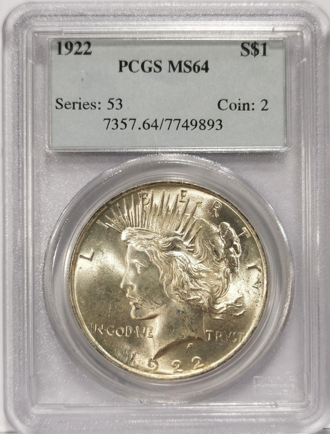 博洋堂世界钱币拍卖第066期（全场包邮） 1922-P 和平银元 PCGS MS64 未流通 漂亮的硬币，原汁原味老包浆，币面清爽干净又漂亮，打制精美，银光闪烁，状态极佳。PC早期经典小白盒老盒严评无官网图