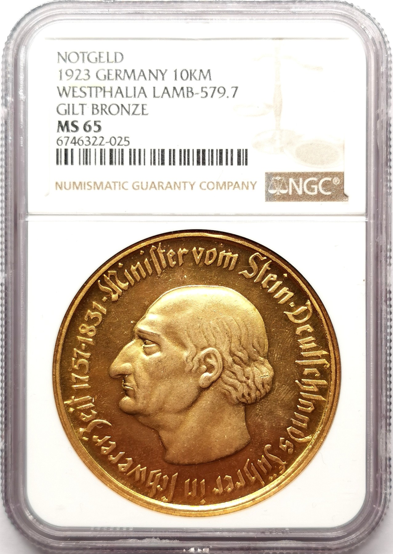 凡希社世界钱币微拍第二百六十一期（龙年开运场） 1923威斯特伐利亚镀金大马币10000马克NGC-MS65