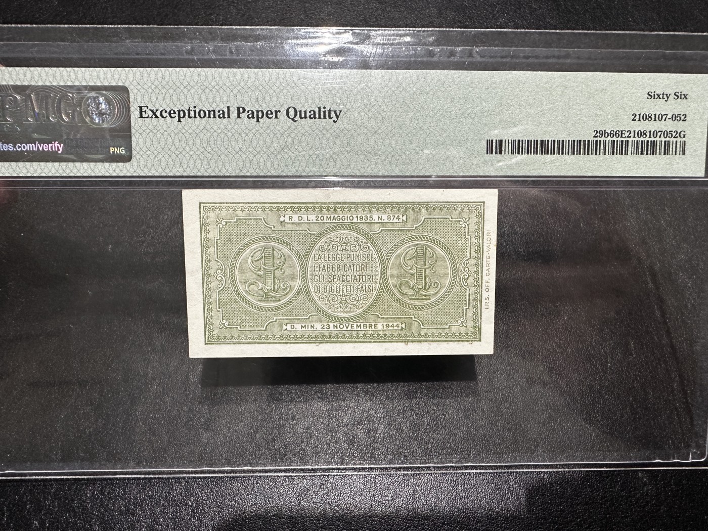 《外钞收藏家》第三百四十三期（评级场） 1944年意大利1里拉 PMG66