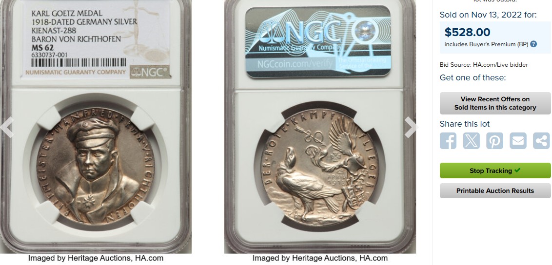 博洋堂世界钱币拍卖第066期（全场包邮） NGC MS62 德国1918年红色男爵银章，卡尔哥茨作品，名誉品，HA同分成交3800+