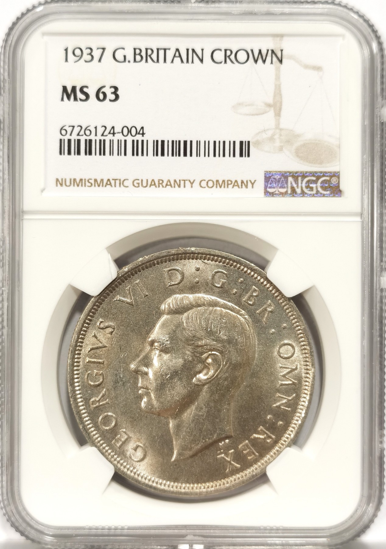 博洋堂世界钱币拍卖第066期（全场包邮） NGC MS63 英国1937年乔治六世克朗银币，BU车轮光，包浆醇厚，状态极佳。