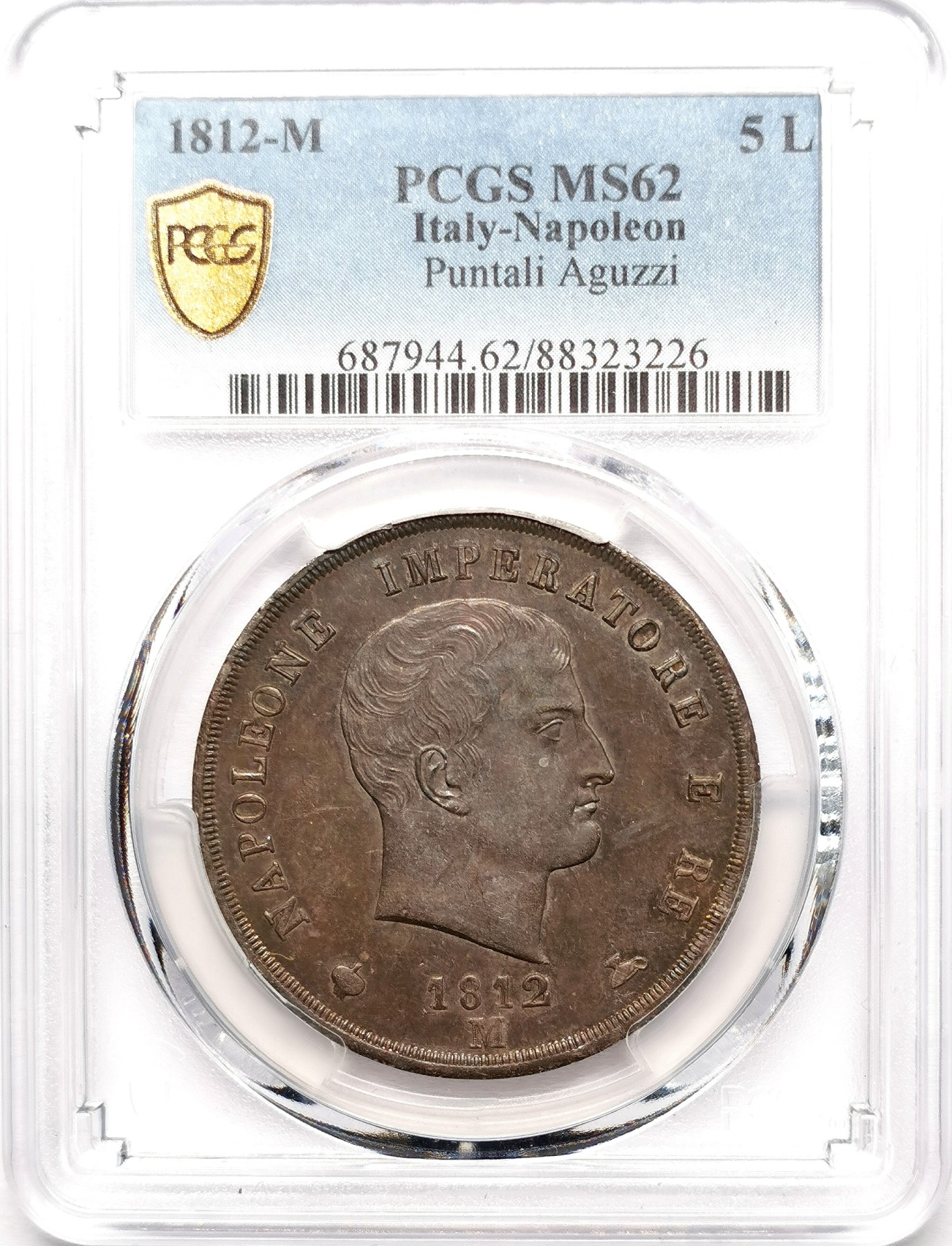 凡希社世界钱币微拍第二百六十一期（龙年开运场） 稀！1812M意大利王国拿破仑5里拉大银PCGS-MS62 盾徽长矛粗尖版，深色欧陆五彩，真正的传世品质，P唯一最高分！